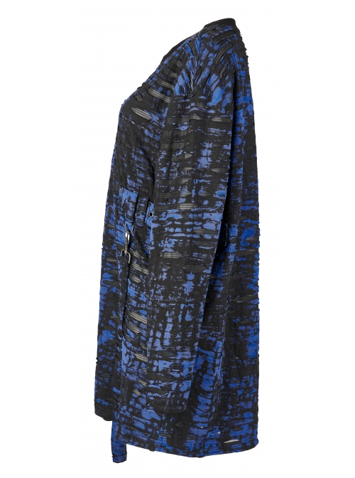 Blue-Black Ragged Texture Fabric Skeleton Printing Detachable Decorative Tape Loose Gothic Long Sleeve Female Shirt