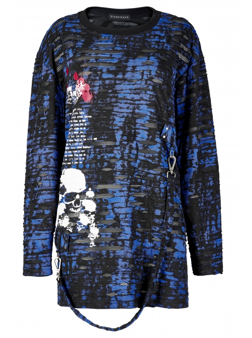 Blue-Black Ragged Texture Fabric Skeleton Printing Detachable Decorative Tape Loose Gothic Long Sleeve Female Shirt
