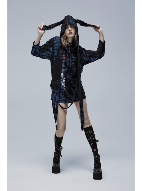 Blue-Black Ragged Texture Fabric Skeleton Printing Detachable Decorative Tape Loose Gothic Long Sleeve Female Shirt