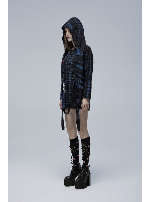 Blue-Black Ragged Texture Fabric Skeleton Printing Detachable Decorative Tape Loose Gothic Long Sleeve Female Shirt