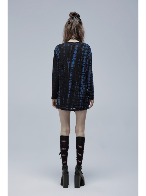 Blue-Black Ragged Texture Fabric Skeleton Printing Detachable Decorative Tape Loose Gothic Long Sleeve Female Shirt