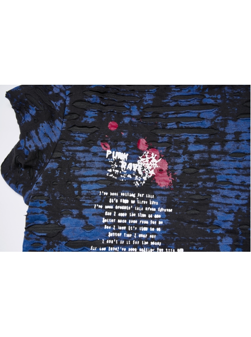 Blue-Black Ragged Texture Fabric Skeleton Printing Detachable Decorative Tape Loose Gothic Long Sleeve Female Shirt