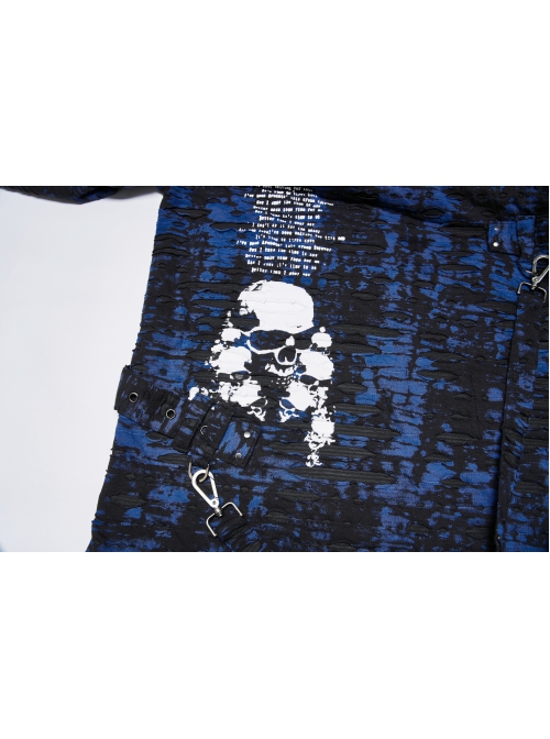 Blue-Black Ragged Texture Fabric Skeleton Printing Detachable Decorative Tape Loose Gothic Long Sleeve Female Shirt