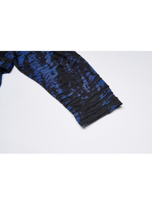 Blue-Black Ragged Texture Fabric Skeleton Printing Detachable Decorative Tape Loose Gothic Long Sleeve Female Shirt
