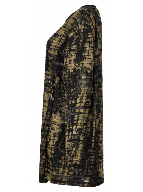 Gothic Ragged Texture Fabric Skeleton Printing Detachable Decorative Tape Loose Long Sleeve Black And Yellow Female Shirt