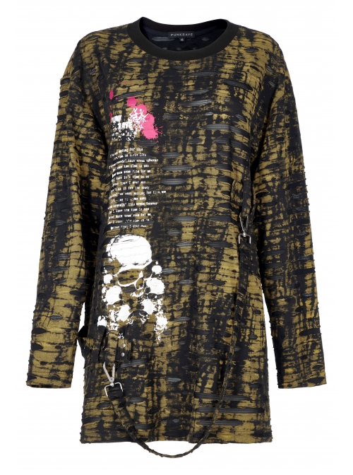 Gothic Ragged Texture Fabric Skeleton Printing Detachable Decorative Tape Loose Long Sleeve Black And Yellow Female Shirt