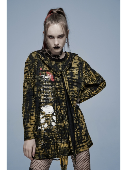 Gothic Ragged Texture Fabric Skeleton Printing Detachable Decorative Tape Loose Long Sleeve Black And Yellow Female Shirt