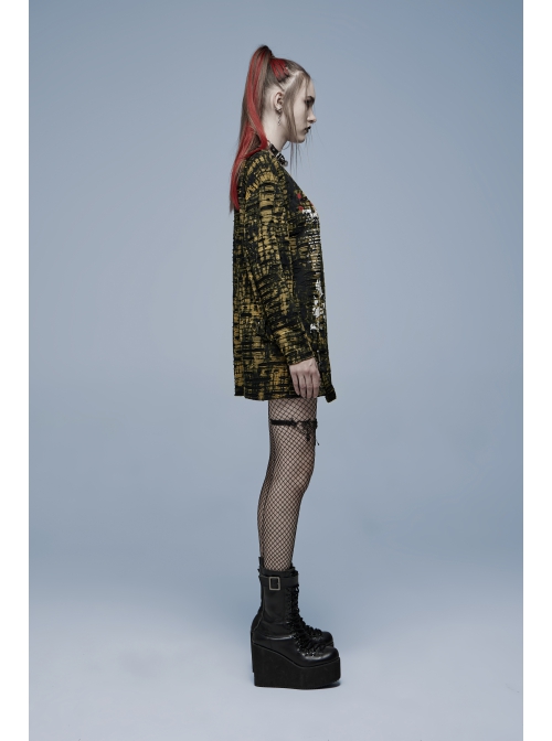 Gothic Ragged Texture Fabric Skeleton Printing Detachable Decorative Tape Loose Long Sleeve Black And Yellow Female Shirt