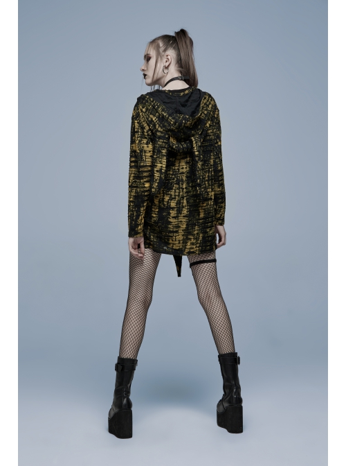 Gothic Ragged Texture Fabric Skeleton Printing Detachable Decorative Tape Loose Long Sleeve Black And Yellow Female Shirt
