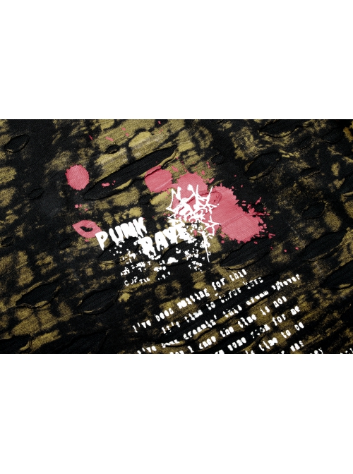 Gothic Ragged Texture Fabric Skeleton Printing Detachable Decorative Tape Loose Long Sleeve Black And Yellow Female Shirt