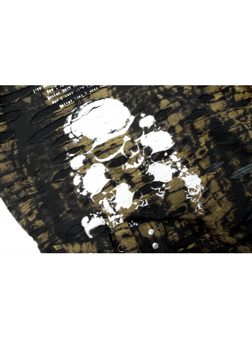 Gothic Ragged Texture Fabric Skeleton Printing Detachable Decorative Tape Loose Long Sleeve Black And Yellow Female Shirt
