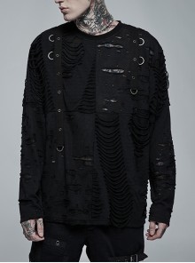 Gothic Broken Holes Knitted Fabric Stitching Metal Buckle Detachable Decorative Tape Black Long Sleeve Male T-Shirt