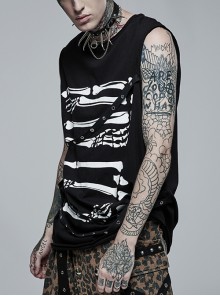 Punk Black Stretch-Knit Personality Skull Skeleton Print Metal Buckle Webbing Decoration Male Sleeveless T-Shirt