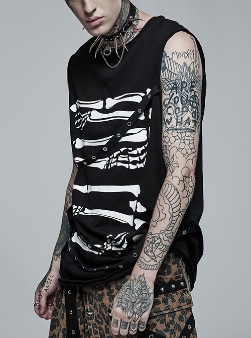 Punk Black Stretch-Knit Personality Skull Skeleton Print Metal Buckle Webbing Decoration Male Sleeveless T-Shirt