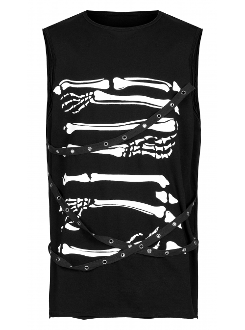 Punk Black Stretch-Knit Personality Skull Skeleton Print Metal Buckle Webbing Decoration Male Sleeveless T-Shirt