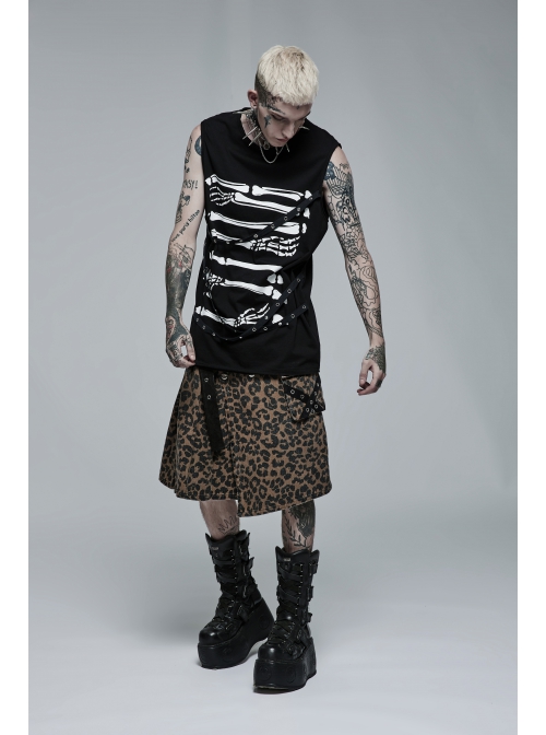 Punk Black Stretch-Knit Personality Skull Skeleton Print Metal Buckle Webbing Decoration Male Sleeveless T-Shirt
