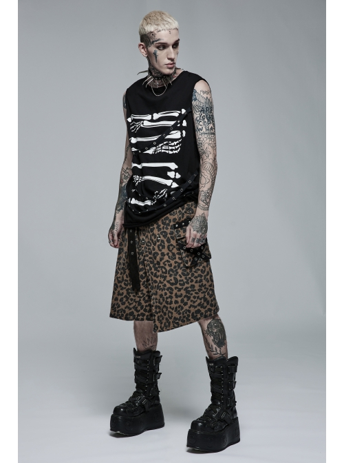 Punk Black Stretch-Knit Personality Skull Skeleton Print Metal Buckle Webbing Decoration Male Sleeveless T-Shirt