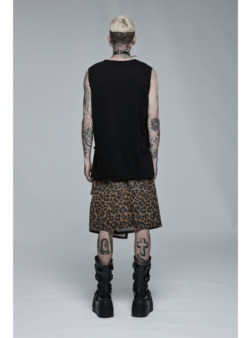 Punk Black Stretch-Knit Personality Skull Skeleton Print Metal Buckle Webbing Decoration Male Sleeveless T-Shirt