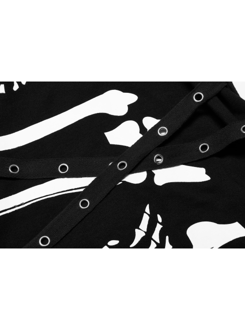 Punk Black Stretch-Knit Personality Skull Skeleton Print Metal Buckle Webbing Decoration Male Sleeveless T-Shirt