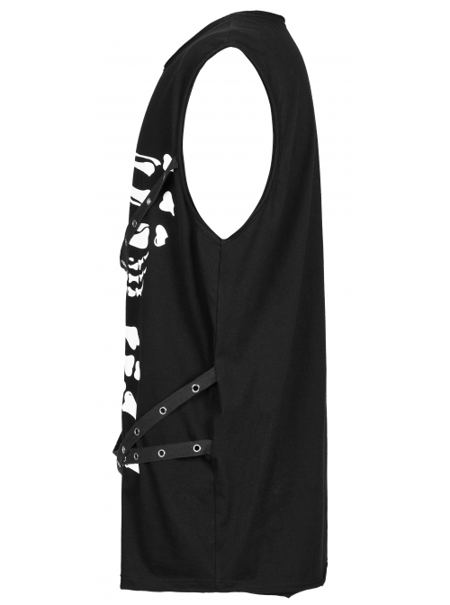 Punk Black Stretch-Knit Personality Skull Skeleton Print Metal Buckle Webbing Decoration Male Sleeveless T-Shirt