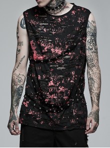 Punk Daily Knitted Personality Red Abstract Print  Broken Holes Grommet Ribbon Decoration Loose Sleeveless Male T-Shirt