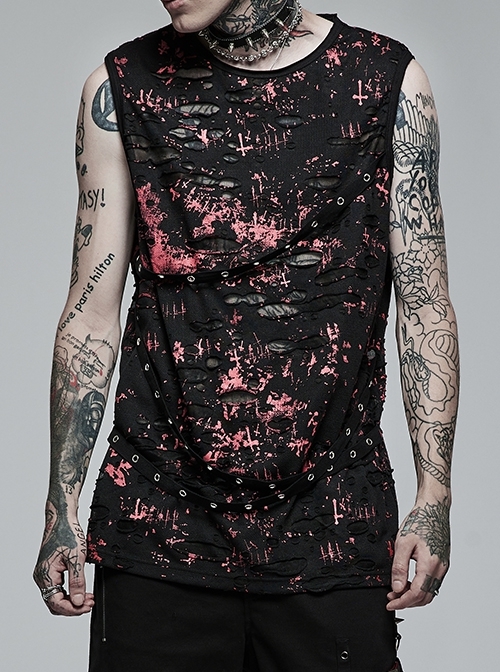 Punk Daily Knitted Personality Red Abstract Print  Broken Holes Grommet Ribbon Decoration Loose Sleeveless Male T-Shirt