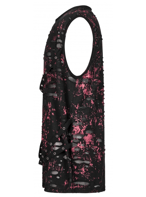 Punk Daily Knitted Personality Red Abstract Print  Broken Holes Grommet Ribbon Decoration Loose Sleeveless Male T-Shirt