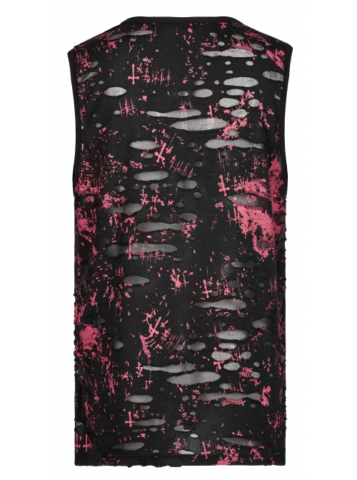 Punk Daily Knitted Personality Red Abstract Print  Broken Holes Grommet Ribbon Decoration Loose Sleeveless Male T-Shirt