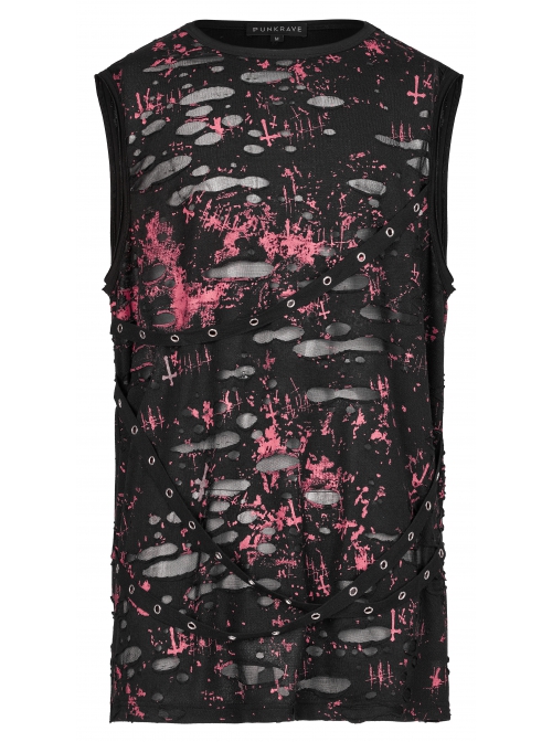 Punk Daily Knitted Personality Red Abstract Print  Broken Holes Grommet Ribbon Decoration Loose Sleeveless Male T-Shirt