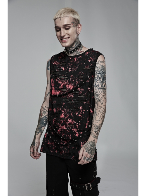 Punk Daily Knitted Personality Red Abstract Print  Broken Holes Grommet Ribbon Decoration Loose Sleeveless Male T-Shirt