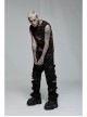 Punk Daily Knitted Personality Red Abstract Print  Broken Holes Grommet Ribbon Decoration Loose Sleeveless Male T-Shirt