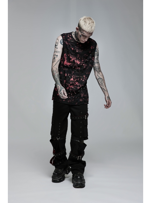 Punk Daily Knitted Personality Red Abstract Print  Broken Holes Grommet Ribbon Decoration Loose Sleeveless Male T-Shirt