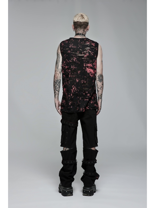 Punk Daily Knitted Personality Red Abstract Print  Broken Holes Grommet Ribbon Decoration Loose Sleeveless Male T-Shirt