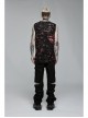 Punk Daily Knitted Personality Red Abstract Print  Broken Holes Grommet Ribbon Decoration Loose Sleeveless Male T-Shirt
