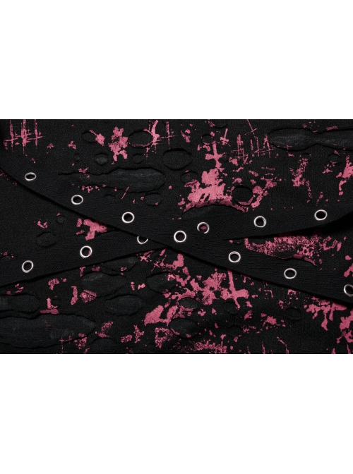 Punk Daily Knitted Personality Red Abstract Print  Broken Holes Grommet Ribbon Decoration Loose Sleeveless Male T-Shirt