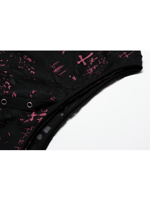 Punk Daily Knitted Personality Red Abstract Print  Broken Holes Grommet Ribbon Decoration Loose Sleeveless Male T-Shirt