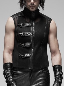 Punk Rough No Elasticity Woven Mesh Black Metal Buckle Belts Decoration Perspective Sleeveless Male Metal Zipper Vest