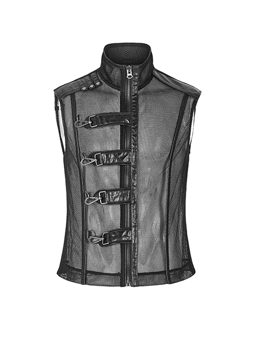 Punk Rough No Elasticity Woven Mesh Black Metal Buckle Belts Decoration Perspective Sleeveless Male Metal Zipper Vest