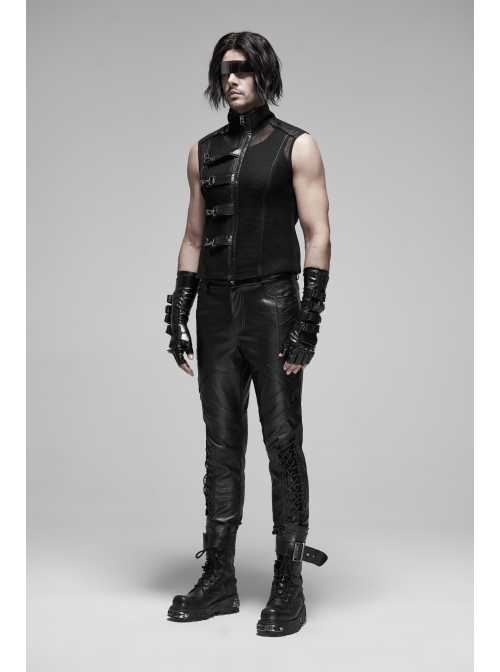 Punk Rough No Elasticity Woven Mesh Black Metal Buckle Belts Decoration Perspective Sleeveless Male Metal Zipper Vest