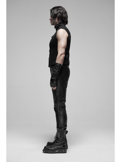 Punk Rough No Elasticity Woven Mesh Black Metal Buckle Belts Decoration Perspective Sleeveless Male Metal Zipper Vest