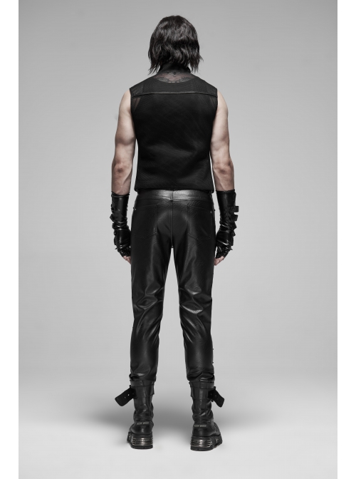 Punk Rough No Elasticity Woven Mesh Black Metal Buckle Belts Decoration Perspective Sleeveless Male Metal Zipper Vest