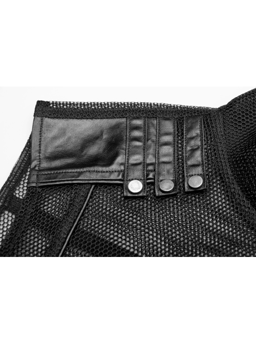 Punk Rough No Elasticity Woven Mesh Black Metal Buckle Belts Decoration Perspective Sleeveless Male Metal Zipper Vest