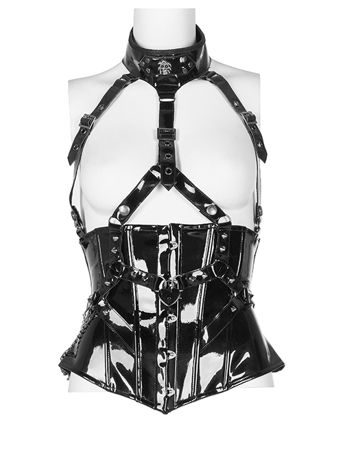 Black Patent Leather Heart Lock Chain Key Sexy Buttonhole Belt Trim Gothic Female Corset