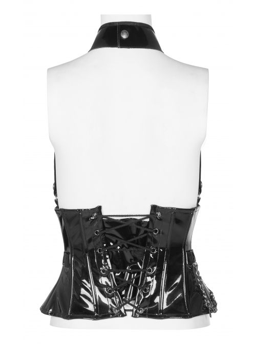 Black Patent Leather Heart Lock Chain Key Sexy Buttonhole Belt Trim Gothic Female Corset