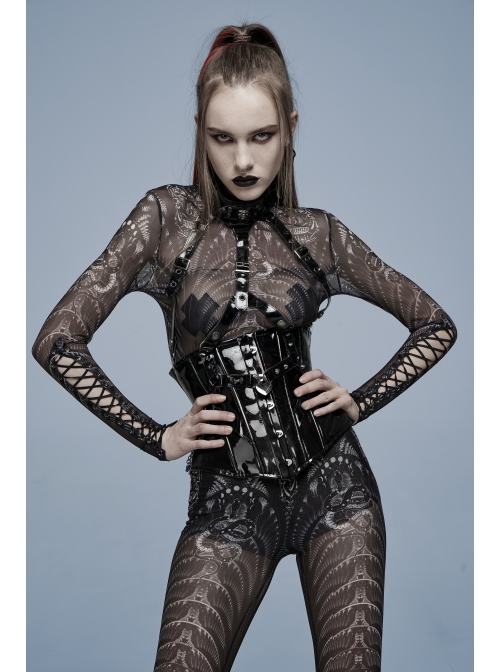 Black Patent Leather Heart Lock Chain Key Sexy Buttonhole Belt Trim Gothic Female Corset