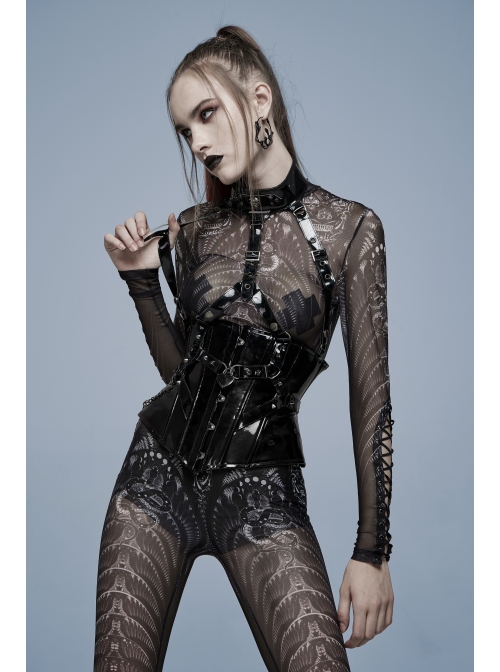 Black Patent Leather Heart Lock Chain Key Sexy Buttonhole Belt Trim Gothic Female Corset