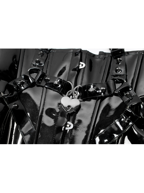 Black Patent Leather Heart Lock Chain Key Sexy Buttonhole Belt Trim Gothic Female Corset