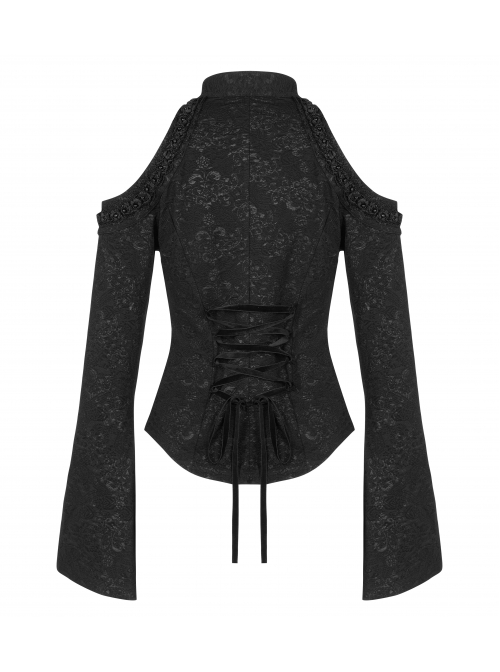 Gorgeous Gothic Stretch-Knit Printed Splicing Mesh Shoulder Jacquard Off The Shoulder Tie Rope Female Shirt
