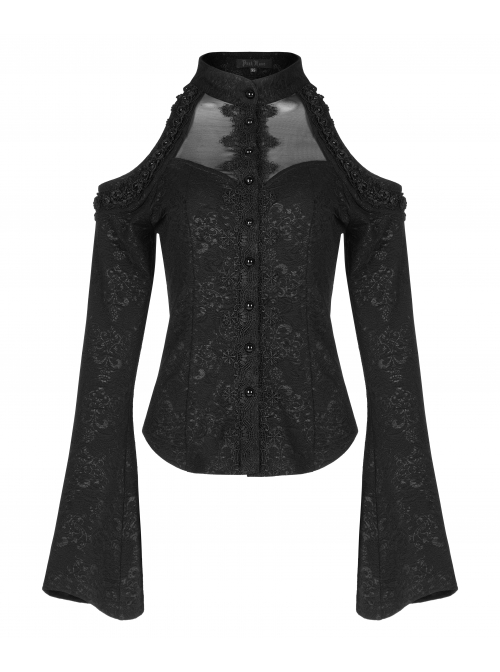 Gorgeous Gothic Stretch-Knit Printed Splicing Mesh Shoulder Jacquard Off The Shoulder Tie Rope Female Shirt
