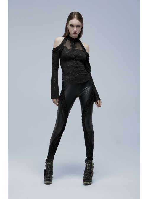 Gorgeous Gothic Stretch-Knit Printed Splicing Mesh Shoulder Jacquard Off The Shoulder Tie Rope Female Shirt